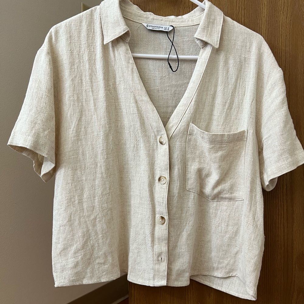 ASOS stradivirus short sleeve linen beige button down shirt
